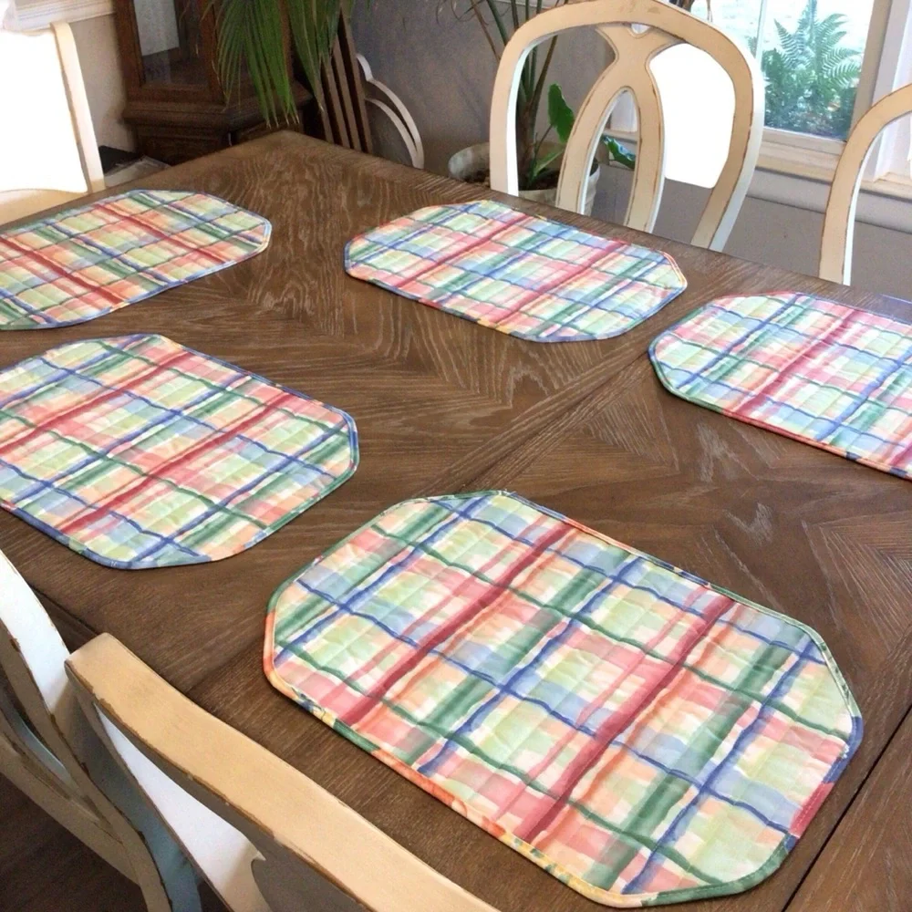 Vintage 80s Reversible Floral Plaid Placemats Set of 8 Quilted Cottagecore